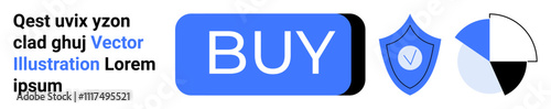 Large blue BUY button, security shield icon, pie chart, and sample text. Ideal for e-commerce, online shopping, digital security, web interfaces, UIUX design, infographics, marketing. Landing page
