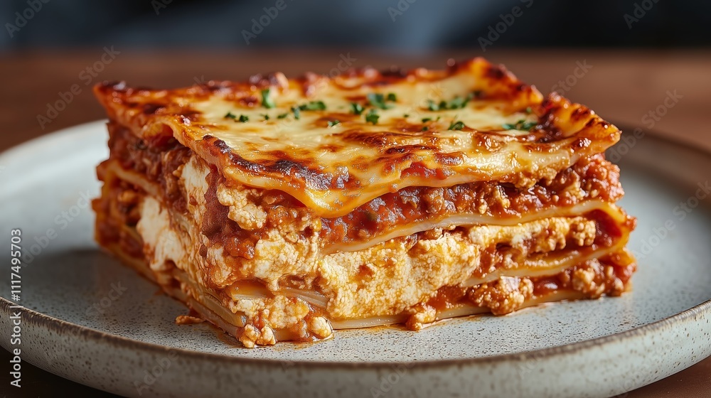 Delectable Lasagna: A mouthwatering close-up of a perfectly layered lasagna, rich with meat and cheese, served on a rustic plate. The image is perfect for food blogs, restaurant menus. Delectable Lasagna: A mouthwatering close-up of a perfectly layered lasagna, rich with meat and cheese, served on a rustic plate. The image is perfect for food blogs, restaurant menus.