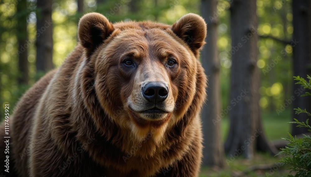 Close-up of a grizzly bear in a pine forest with soft sunlight filtering through Close-up of a grizzly bear in a pine forest with soft sunlight filtering through