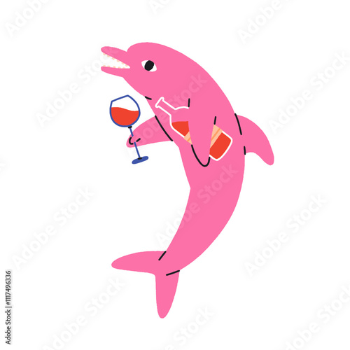 Dolphin with wineglass and bottle. Funny marine character, sommelier, celebrating underwater party with toast. Sea fish with wine, alcohol. Flat vector illustration isolated on white background