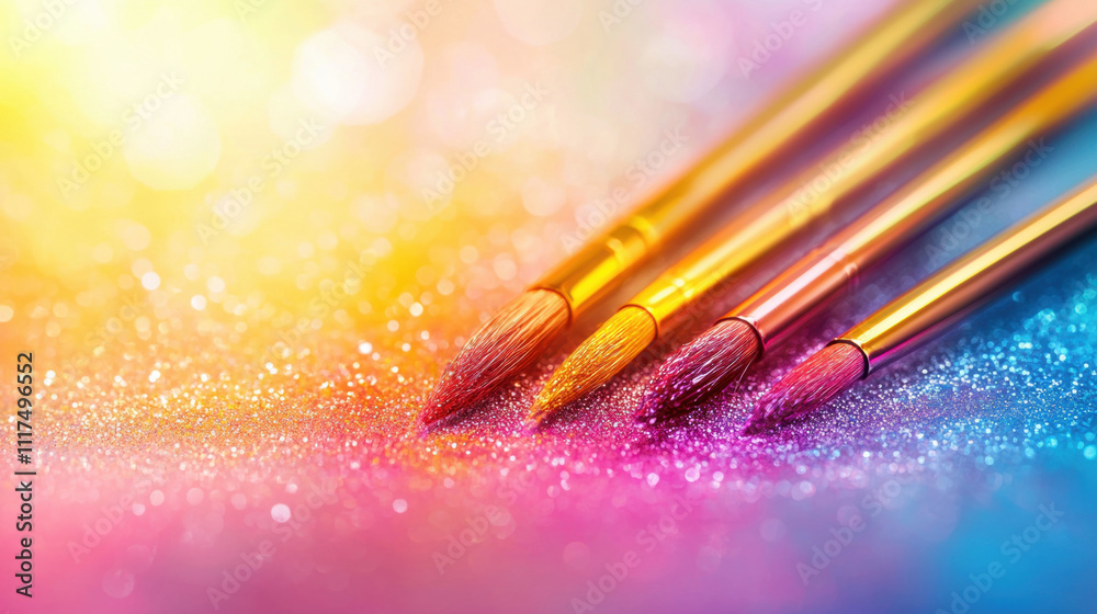 Vibrant paintbrushes on colorful glittery background Vibrant paintbrushes on colorful glittery background
