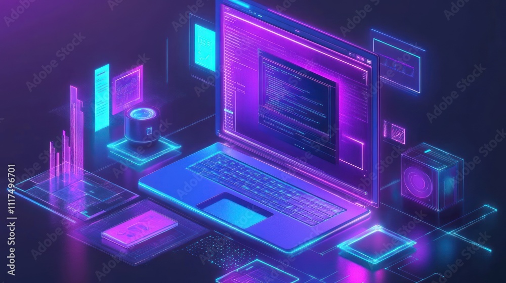 A futuristic digital workspace featuring a glowing laptop and various tech elements. A futuristic digital workspace featuring a glowing laptop and various tech elements.