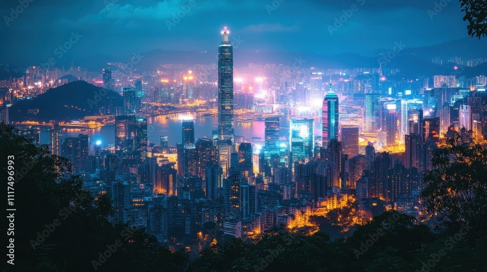 Fototapeta premium Night cityscape panorama, vibrant city lights, illuminated skyscrapers, high-angle view.