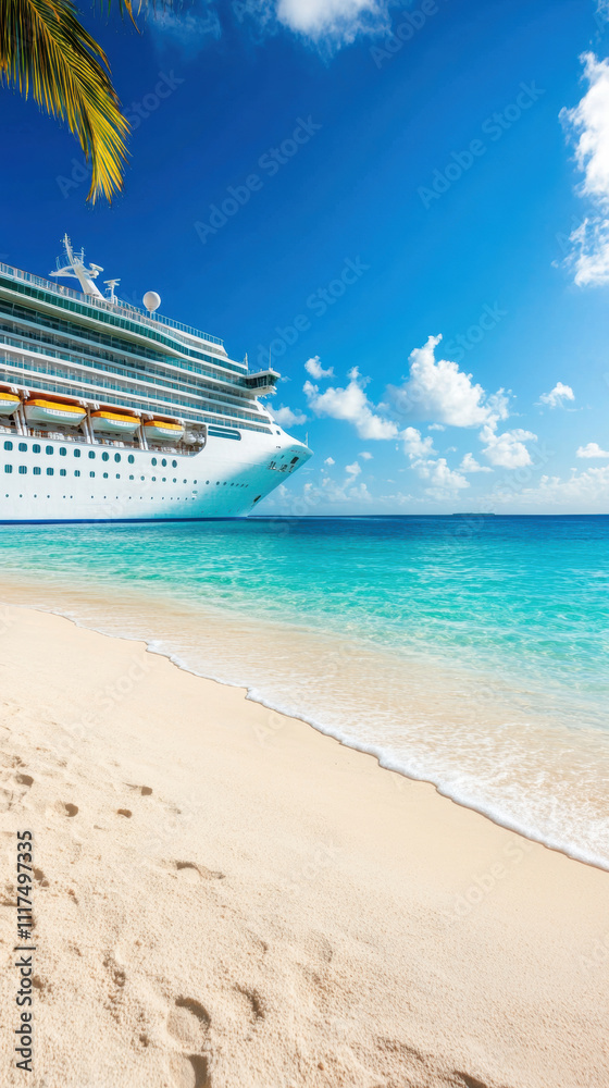 Obraz premium cruise ship docked at tropical island under sunny skies