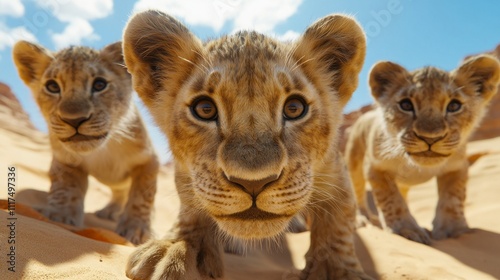 Three playful lion cubs curiously venture across a sunlit desert, their eyes sparkling with wonder and a spirit of adventure. The bright blue sky enhances the golden sands around them photo