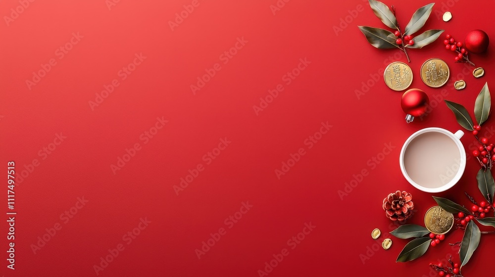 A red background with a white cup and a red ornament A red background with a white cup and a red ornament