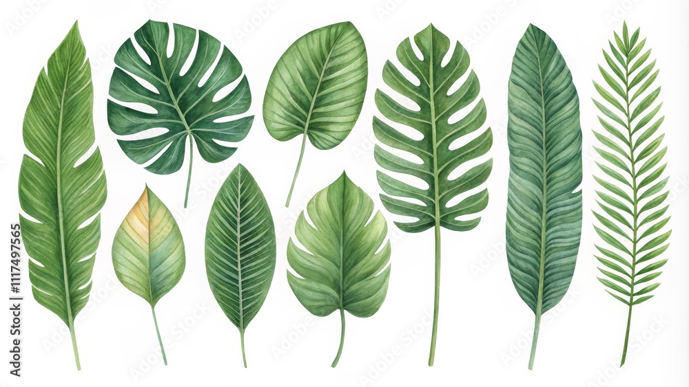 Watercolor Tropical Leaves Collection Top View Composition of Various Green Foliage, Botanical Illustration, Jungle Plants Tropical leaves, Watercolor painting, Botanical illustration