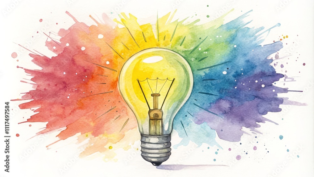 Watercolor Lightbulb Rainbow Burst, Idea Concept, Bright Illumination, Watercolor Painting Keywords Idea, Inspiration, Creativity Watercolor Lightbulb Rainbow Burst, Idea Concept, Bright Illumination, Watercolor Painting Keywords Idea, Inspiration, Creativity