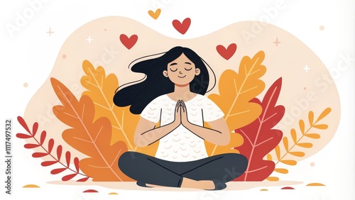 Woman Meditating Amidst Autumn Leaves Flat Illustration, Warm Color Palette, Peaceful Concept, yoga, mindfulness, meditation yoga, mindfulness