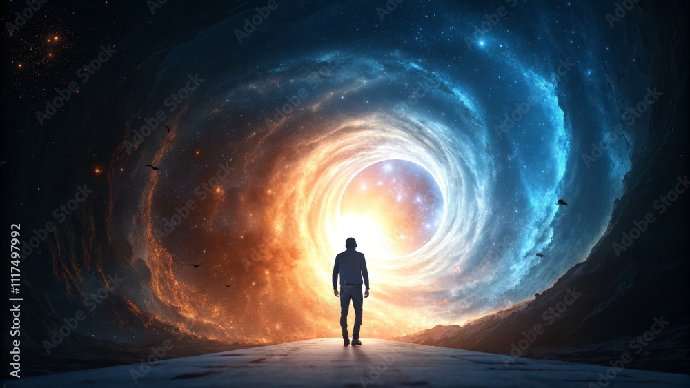 Third-Person Perspective Cosmic Vortex Composition, Man Silhouetted Against Swirling Nebula, Space Exploration Concept, Digital Art Space, Nebula, Surrealism Third-Person Perspective Cosmic Vortex Composition, Man Silhouetted Against Swirling Nebula, Space Exploration Concept, Digital Art Space, Nebula, Surrealism