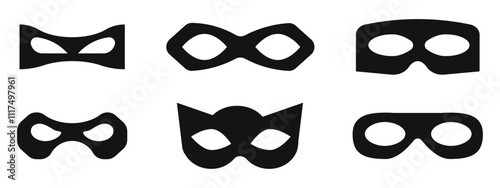 Incognito mask, villain or robber hide face element, black silhouette mystery costume icon. Superhero or carnival bandit burgar 