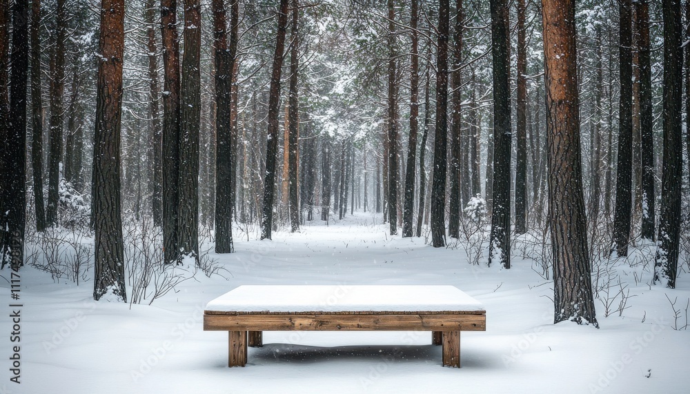 A serene snowy forest scene with a wooden platform amidst tall trees.