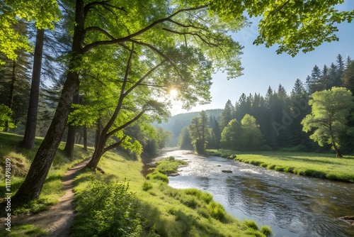 Forest River Landscape Photo Sunlit Water Flowing Through Green Trees