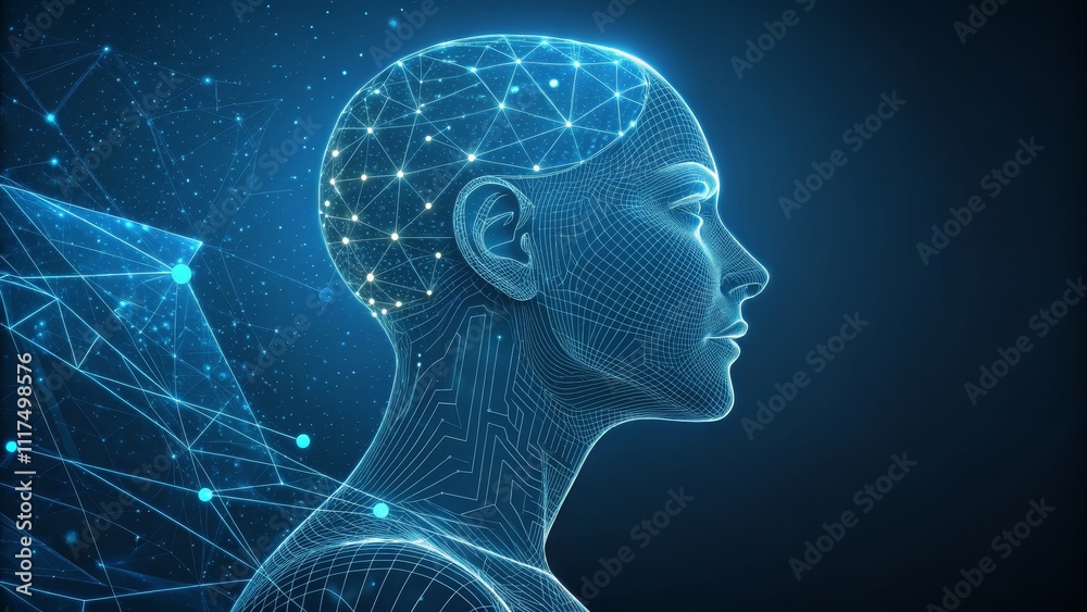 Obraz premium Profile View Wireframe Head, Glowing Network, Digital Mind Concept, AI, Neural Network, Data Visualization AI, Digital Art