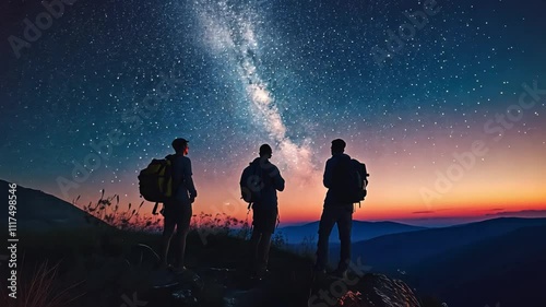 A group of stargazers observing the night sky, studying the stars and distant galaxies. photo