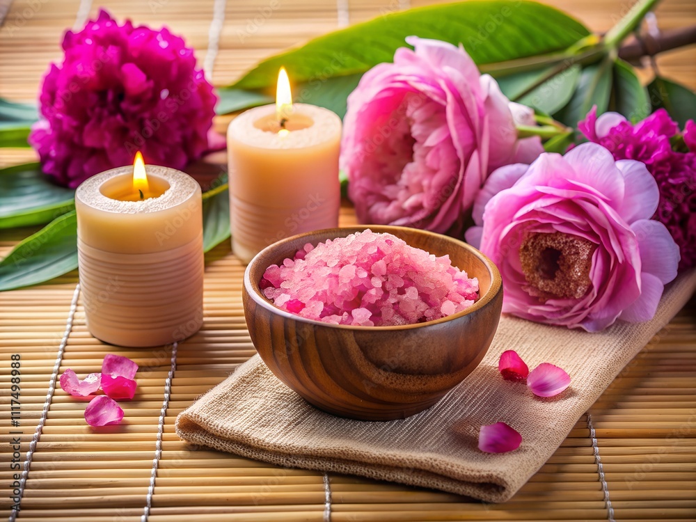 Delicate pink roses surround a wooden bowl filled with bath salts. Candlelight creates a warm ambiance, inviting tranquility and relaxation, while petals lay scattered nearby Delicate pink roses surround a wooden bowl filled with bath salts. Candlelight creates a warm ambiance, inviting tranquility and relaxation, while petals lay scattered nearby
