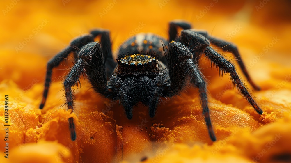 Close-up of a black spider with yellow markings on an orange surface. Close-up of a black spider with yellow markings on an orange surface.