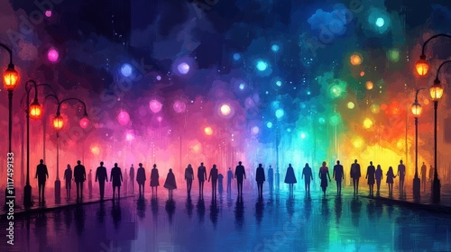 Vibrant Night Urban Scene with Silhouettes of People Walking Under Colorful Street Lamps and Bright Backgrounds in a Dreamy, Artistic Style