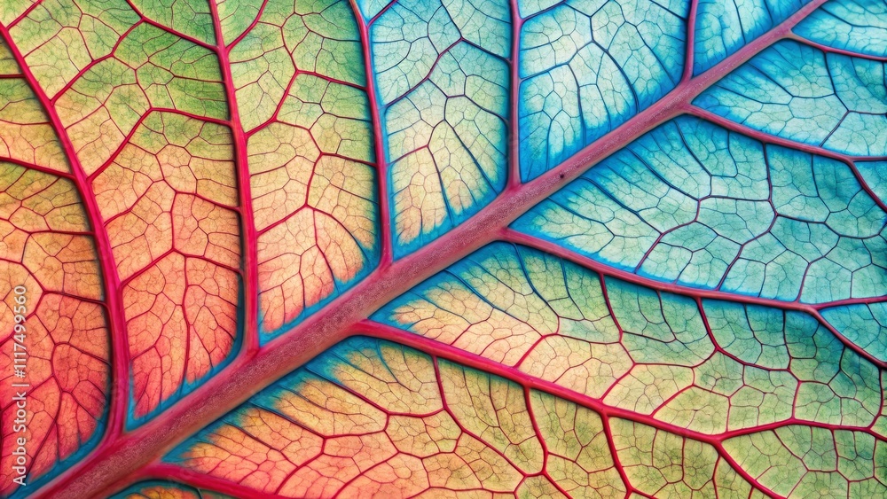 Obraz premium Macro View Leaf Vein Network, Colorful Abstract, Red and Blue Hues, Nature's Intricate Design, Botany, Leaf Structure, Plant Anatomy Botany