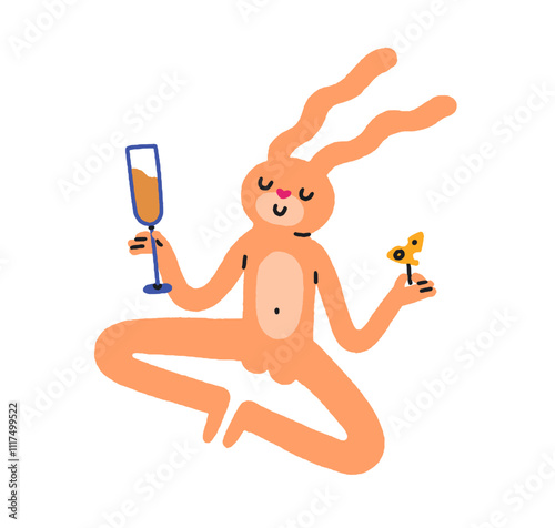 Rabbit with champagne and cheese. Funny bunny character enjoying festive holi...