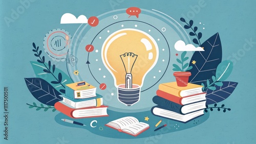 Flat Lay Composition Bright Idea from Books, Illustration, Knowledge, Learning, Education Keywords Idea, Books, Learning