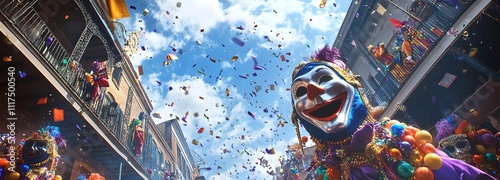 A festive Mardi Gras celebration with beads, masks, and street performers, with an open area in the sky for a message photo