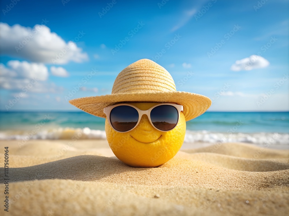 A smiling lemon sits on soft golden sand, adorned with stylish sunglasses and a straw hat. The vibrant blue ocean sparkles under the sun, creating a joyful summer atmosphere A smiling lemon sits on soft golden sand, adorned with stylish sunglasses and a straw hat. The vibrant blue ocean sparkles under the sun, creating a joyful summer atmosphere