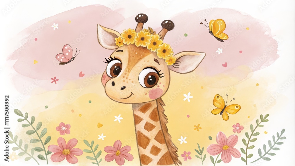 Obraz premium Cute Giraffe with Flower Crown Watercolor Portrait, Floral Background, Butterflies, Yellow and Pink Tones Giraffe, Watercolor art, Floral Illustration