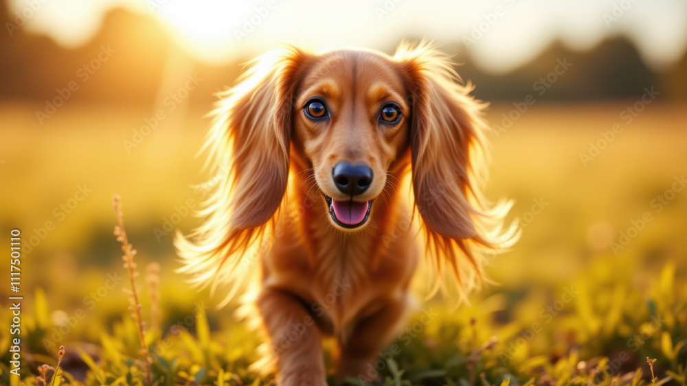 Joyful long-haired dachshund in field at sunset.