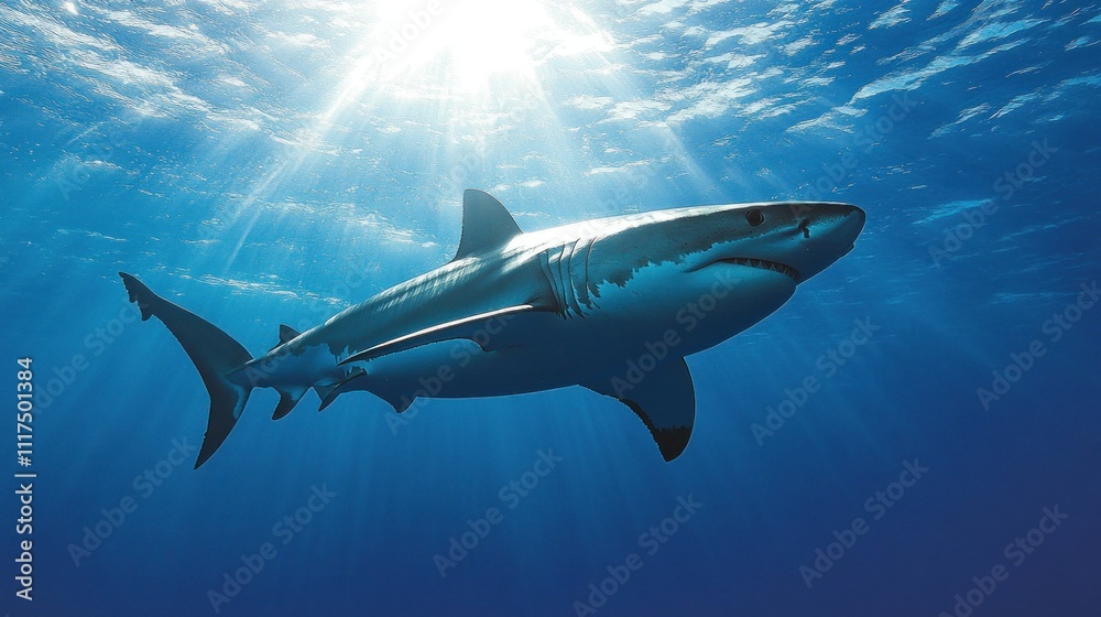 Fototapeta premium Great White Shark in Sunlit Waters