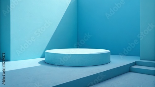 Bird's-Eye View Cylindrical Podium on Blue Minimalist Platform, Abstract Studio Scene, 3D Render Minimalist, 3D Render, Product Display