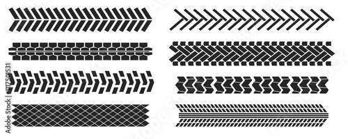 Tyre mark car or bike wheel trace, grunge textured trail silhouette. Top view, print brush stroke dirt. Speed rally dirty rubber path.