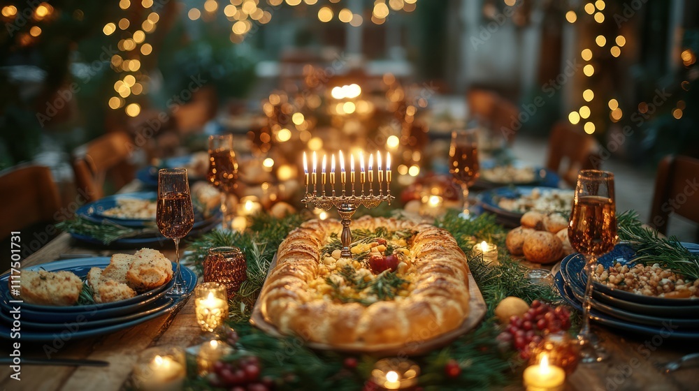 Festive Hanukkah dinner table setting with menorah, food, and candles. Festive Hanukkah dinner table setting with menorah, food, and candles.