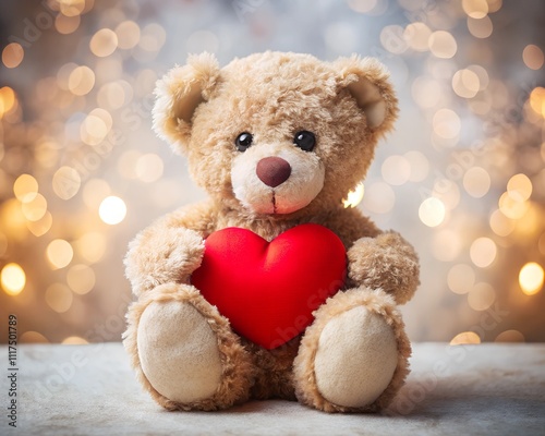 A charming teddy bear with a soft coat sits contentedly, clasping a bright red heart. Its gentle expression and glowing background evoke feelings of affection and joy, perfect for special moments