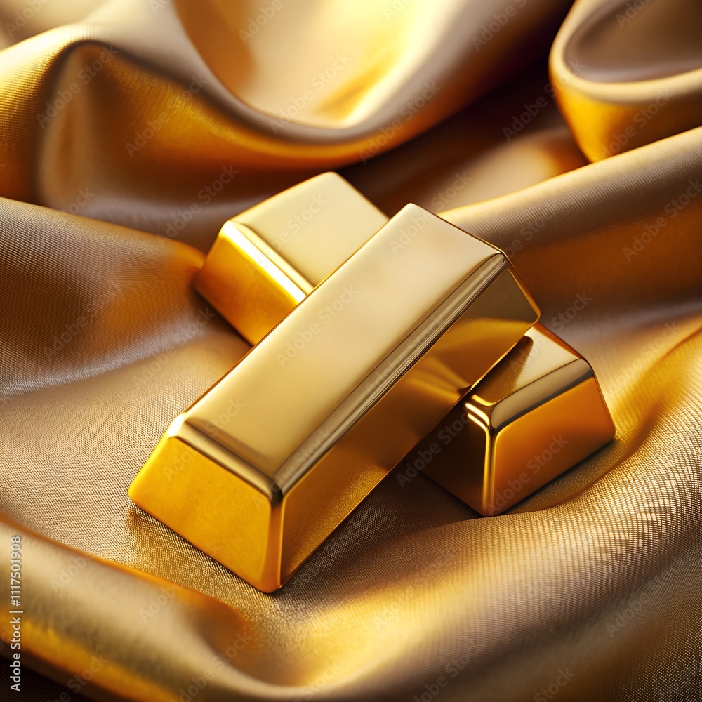 Shimmering gold bars lay atop rich golden silk, reflecting light and exuding a sense of luxury and prosperity. The contrasting textures enhance their captivating allure Shimmering gold bars lay atop rich golden silk, reflecting light and exuding a sense of luxury and prosperity. The contrasting textures enhance their captivating allure