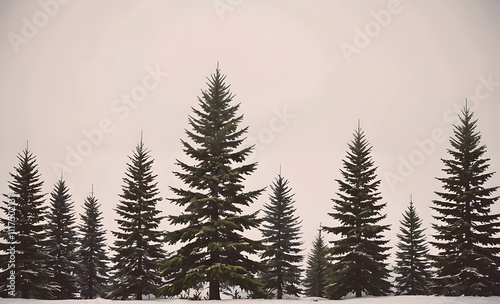Row of pine trees are lined up in a forest. The trees are tall and green. The sky is cloudy and gray