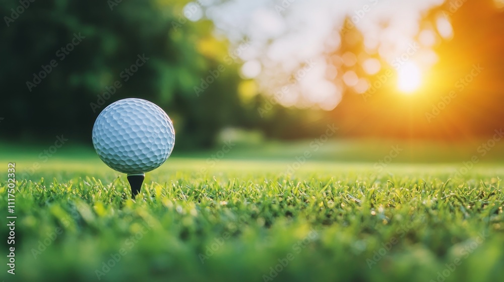 A golf ball on a tee in a lush green field during sunset. A golf ball on a tee in a lush green field during sunset.