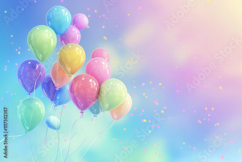 Vibrant collection of pastel balloons floating against a dreamy gradient background, sprinkled with festive confetti