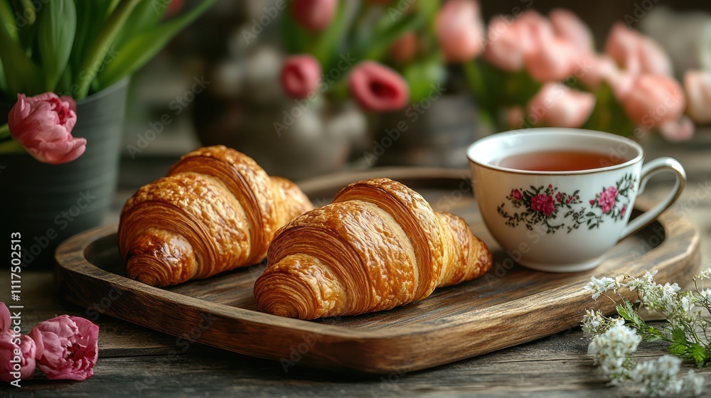 Two golden croissants and teacup on wooden tray with tulips. Two golden croissants and teacup on wooden tray with tulips.