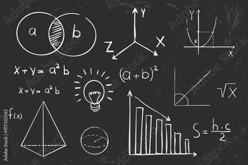 Math geometry graph and shapes on blackboard background. Set science doodle hand drawn sketch elements. Study theory formula, calculations.