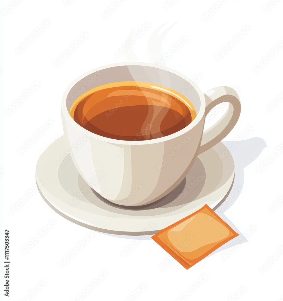 A cup of tea with hot water and steam on white background, green cotton tea bag tag on the side of the mug A cup of tea with hot water and steam on white background, green cotton tea bag tag on the side of the mug