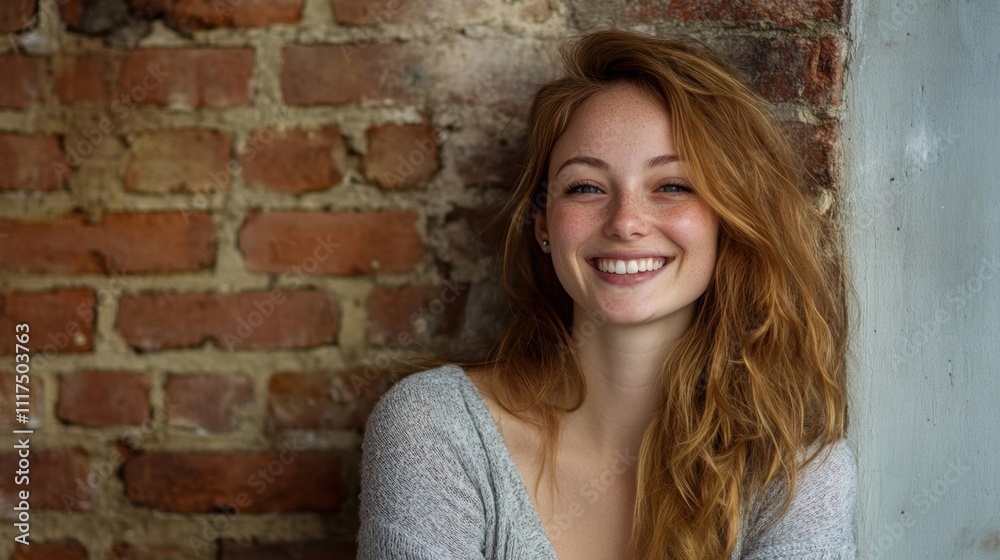 Smiling Redhead Woman Brick Wall Background Smiling Redhead Woman Brick Wall Background