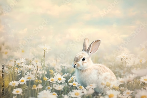 Easter Bunny in a Field of Daisies for a Soft Pastel Spring Scene photo