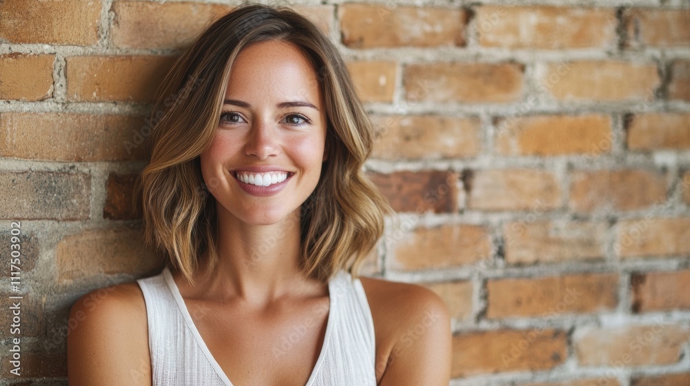 Smiling Woman Brick Wall Background Portrait Smiling Woman Brick Wall Background Portrait