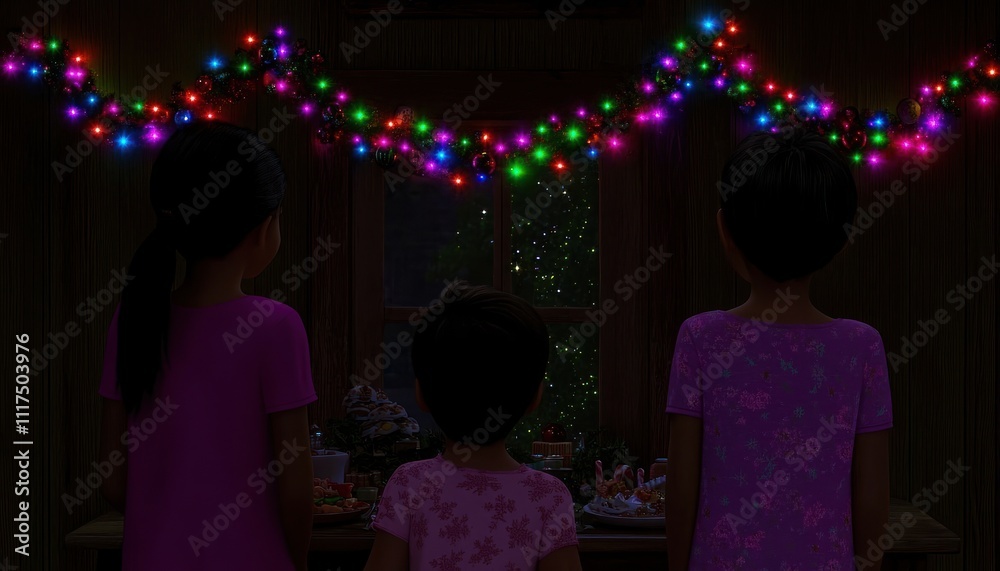 Three Siblings Watch Christmas Lights From Inside A Cabin Three Siblings Watch Christmas Lights From Inside A Cabin