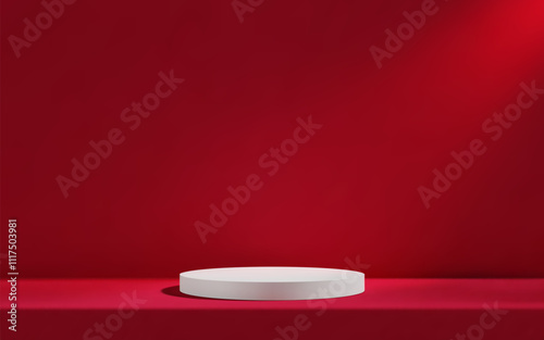 3d white podium in red empty room with table. Background studio scene with platform for product presentation