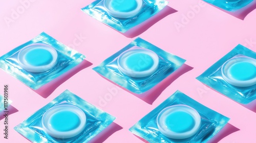 Laundry Pods Pattern: A vibrant, stylish flat lay showcasing multiple laundry detergent pods arranged in a geometric pattern against a soft pink background. Clean, modern, and visually appealing. 