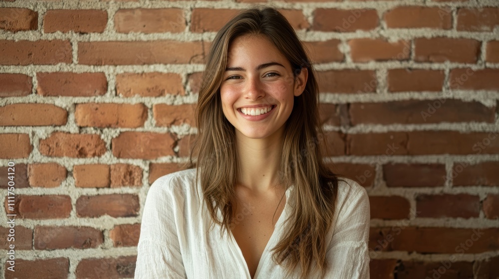 Happy Young Woman Smiling Against Brick Wall Happy Young Woman Smiling Against Brick Wall