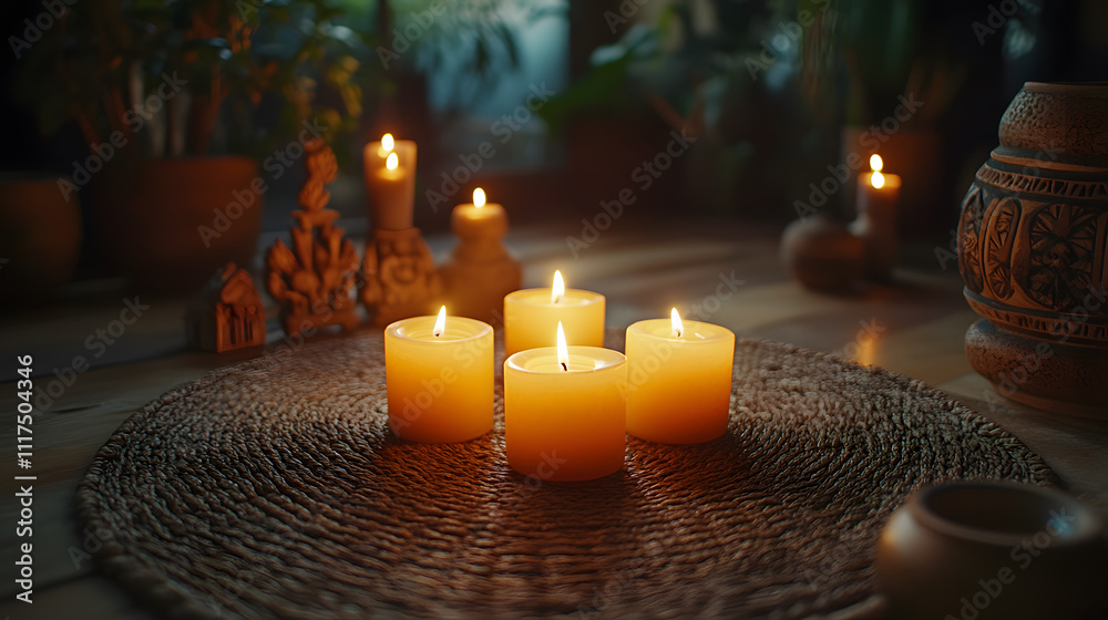 Soft candlelight illuminates a serene space with decorative elements in a cozy indoor setting Soft candlelight illuminates a serene space with decorative elements in a cozy indoor setting