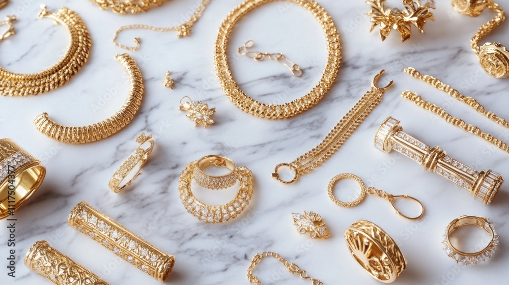 A collection of gold jewelry, including necklaces, rings, and bracelets, elegantly arranged on a marble surface. A collection of gold jewelry, including necklaces, rings, and bracelets, elegantly arranged on a marble surface.